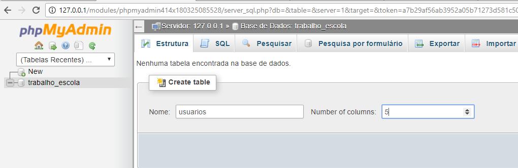 Para criar a tabela clique sobre o banco de dados e aparecera uma janela com o nome da tabela e a quantidade de campos