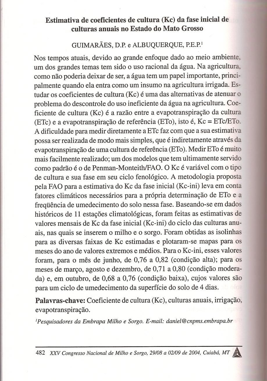 Estimativa de coeficientes de cultura (Kc) da fase inicial de culturas anuais no Estado do Mato Grosso - I GUIMARAES, D.P.