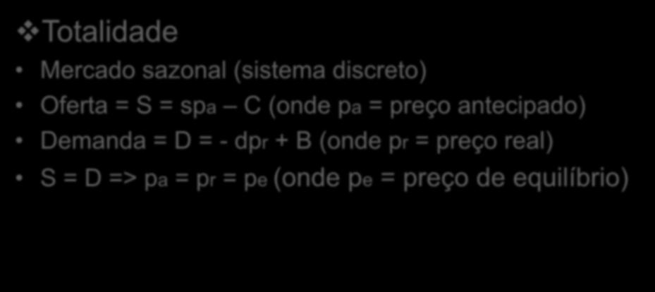 Quantidade Sistema social: mercado agrícola Totalidade Mercado sazonal (sistema discreto) Oferta = S = spa C (onde pa = preço antecipado) Demanda