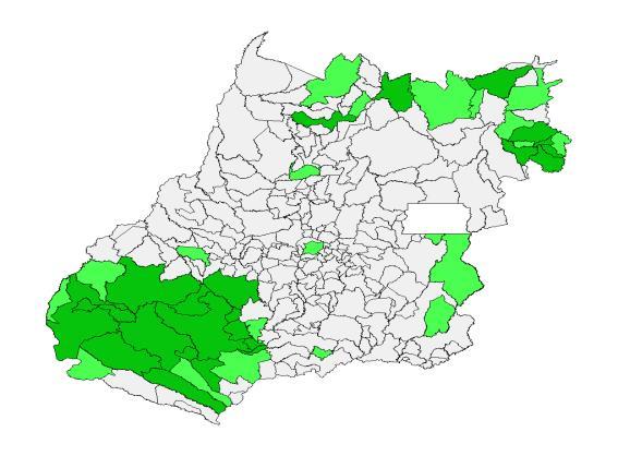 Figura 12 - Mapa de Significância para o PIB Agropecuário de Goiás em 1999 Figura 13 - Mapa de Significância para o PIB Agropecuário de Goiás em 2009 Fonte: Elaboração própria através da base de