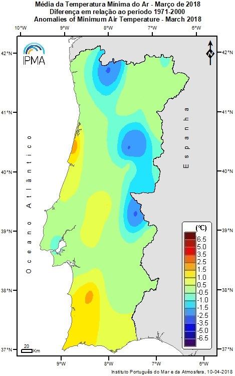 0 C em Castro Marim; os desvios em relação à normal variaram entre -3.7 C em Cabril e 0.0 C em Zambujeira.