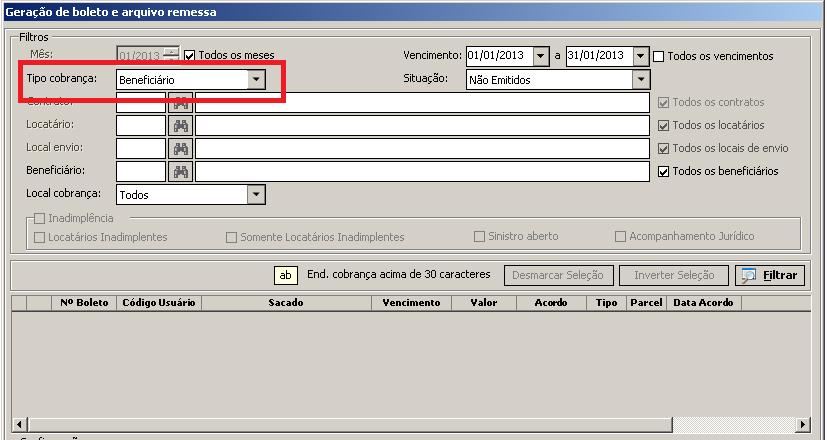 Emitindo boleto para o proprietário/beneficiário 1- Acessar o menu: Lançamentos/ Gerar boleto Arquivo Remessa 2- Definir nos filtros a opção Tipo Cobrança para Beneficiário 3- Realizar o filtro e