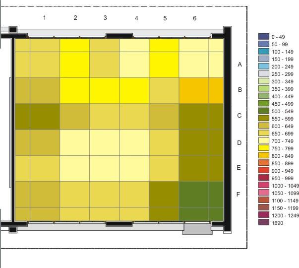 4.4 Análise das 12:00 horas A fachada norte do ambiente encontrava-se totalmente iluminada pelos raios solares no horário das 12h00min e a massa de vegetação existente ainda projeta sombra sobre a