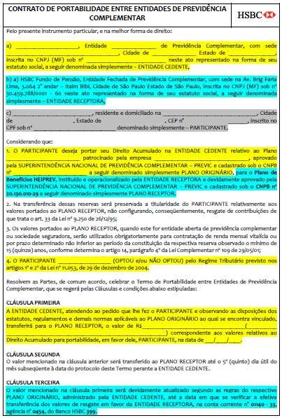 ANEXO I Portabilidade - Entrada de Recurso Portado oriundo de um Plano FECHADO Em AZUL o preenchimento das informações feito pela Entidade Receptora o Plano ACRICELPREV Em AMARELO