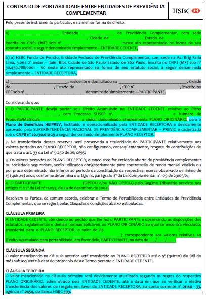 Portabilidade - Entrada de Recurso Portado oriundo de um Plano ABERTO Em AZUL o preenchimento das informações feito pela Entidade Receptora o Plano ACRICELPREV Em VERDE o