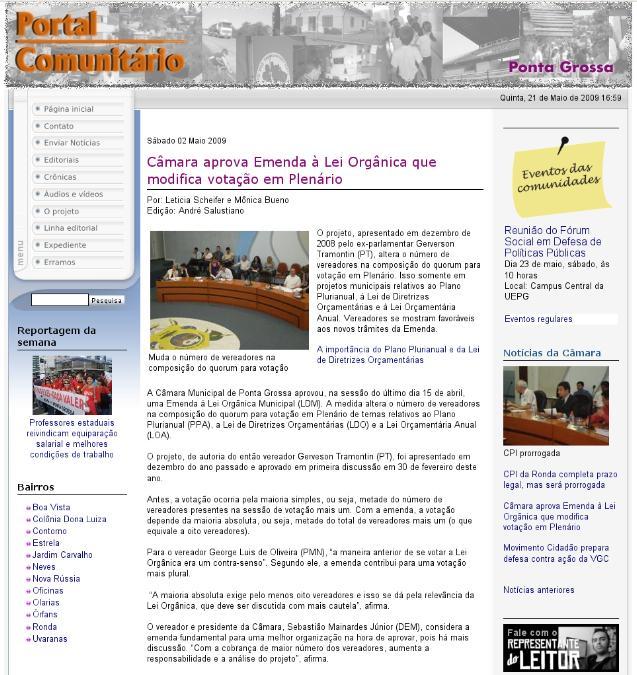 7. CONEX Apresentação Oral Resumo Expandido 4 Página www.portalcomunitario.jor.br. Em destaque a seção Notícias da Câmara, com links para a seção à direita da página.