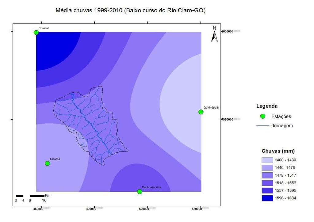 Figura 5- Variabilidade das chuvas nas estações de Cachoeira Alta, Itarumã, Quirinópolis e Pombal (1999-2010) A série de precipitação pluvial de 1977 a 2010, a média dos totais anuais para a estação