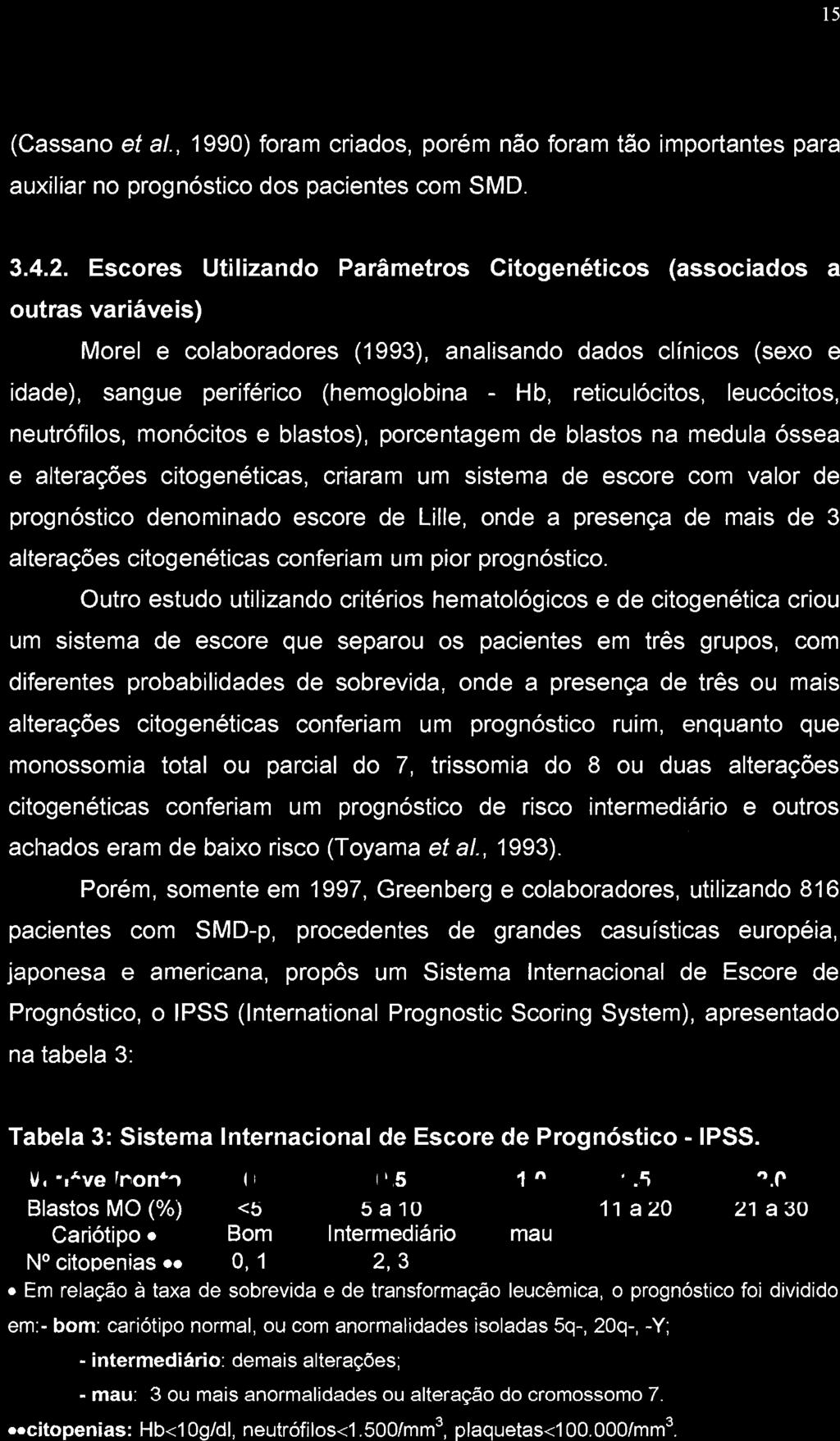 15 (Cassano et ai., 1990) foram criados, porém não foram tão importantes para auxiliar no prognóstico dos pacientes com SMO. 3.4.2.