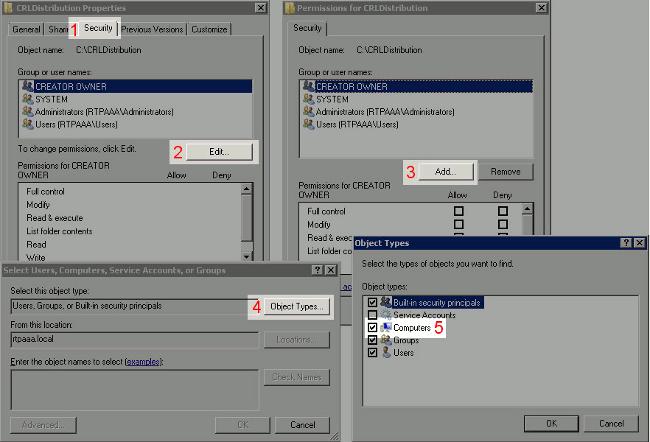 segurança apropriadas. Clique a ABA de segurança (1), o clique edita (2), o clique adiciona (3), clica os tipos de objeto (4), e verifica a caixa de verificação dos computadores (5). 8.