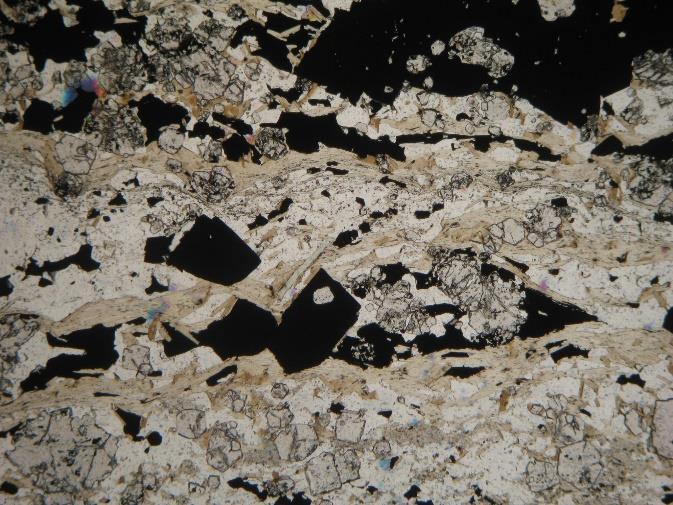 Unidade de mapeamento: ZONA DE SILICIFICAÇÃO SULFETADA - ZSS Fotomicrografia de textura típica da zona mineralizada em ouro (granada-biotita-quartzo xisto com sulfetos) da amostra WF-AM01.