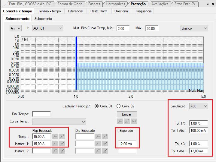 Existem ainda campos onde devem ser inseridas as tolerâncias, absoluta e relativa tanto de corrente como de tempo. Esses valores são retirados do apêndice A.2.