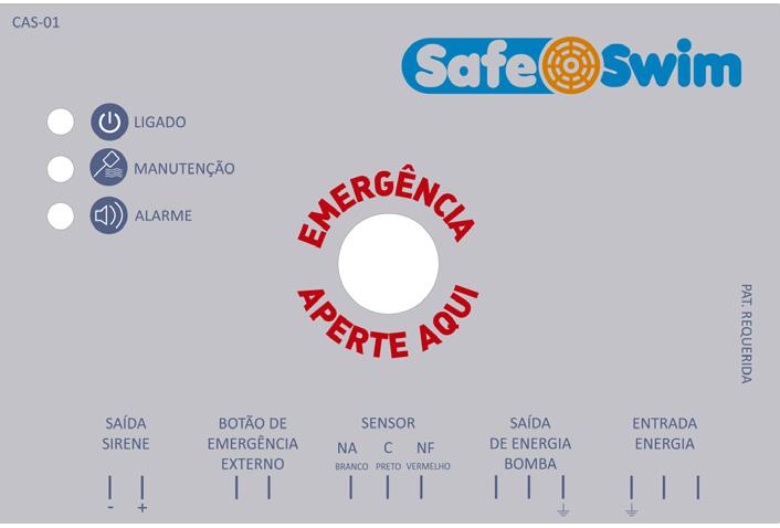 Dispositivo de Segurança Anti-Sucção SafeSwim Dimensões do controlador ANTI-SUCÇÃO SafeSwim LIGADO MANUTENÇÃO ALARME EMERGÊNCIA APERTE AQUI 8,5 cm (Vista