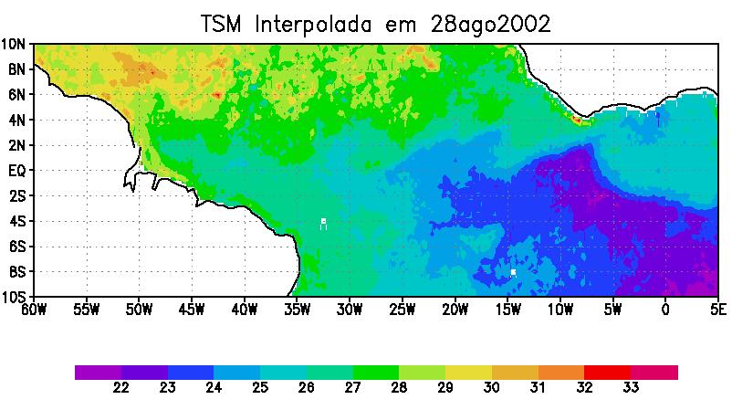Figura 2.2 TSM em 28 de agosto de 2002. Acima a grade de 1440x320 sem interpolação dos dados e abaixo a grade com os dados interpolados.