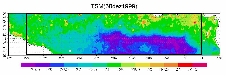 O formato de cúspides e os gradientes horizontais de TSM ficam evidentes.