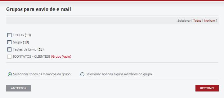 5.1.4 Grupos para envio Esta etapa define quais são os grupos de contatos que participarão do agendamento. Por padrão, são enviados e mails para todos os contatos de um grupo.