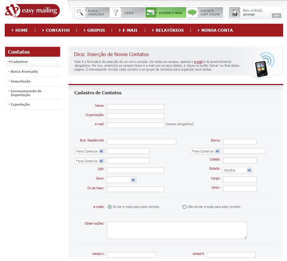 3 MENU CONTATOS Dentro deste menu ficam todas as opções de inserção e manipulação de contatos.