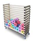 To store dumbbells. 4 spinning wheels, 2 with brakes. Colors: Beige, White or Gray.
