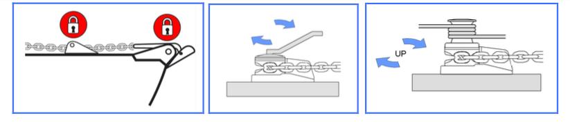 2 Recolher a âncora - Pressione o botão UP (para cima) do controle à sua disposição até que a âncora atinja sua posição dentro do bico de pato. - Engate os dispositivos de fixação da corrente. 4.