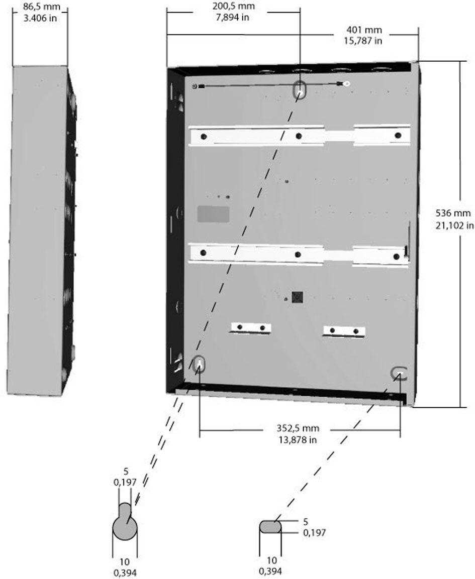 Planeamento As dimensões e distâncias exteriores para os orifícios dos parafsos de retenção são indicadas no seginte diagrama: A caixa foi concebida para a instalação de dois dispositivos (AMC2 o