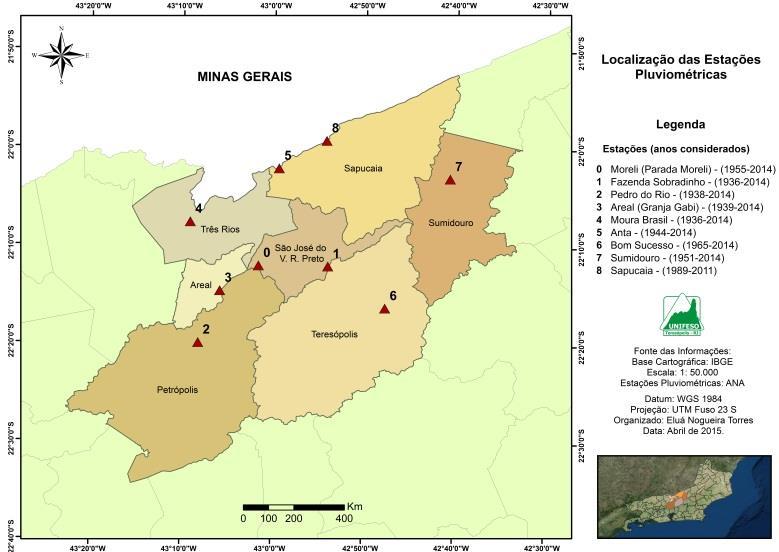 Utilizaram-se dados de 9 estações pluviométricas da Rede Hidrometeorológica Nacional, da Agência Nacional de Águas (ANA) (Figura 1). Fonte: IBGE (2014) e ANA (2015), modificado. Figura 1.