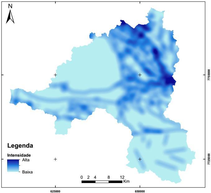 Figura 14 Mapa de estimador de intensidade de lineamentos de estrutural de Ouro Preto, MG. 4.