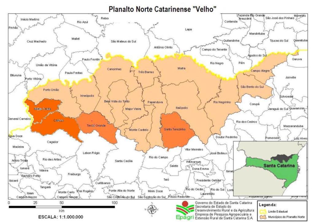Figura 2 Mapa de localização do Planalto Norte de Santa Catarina incluindo os municípios de Matos Costa, Calmon, Timbó Grande e Santa Terezinha Fonte: Epagri/Ciram (elaborado para