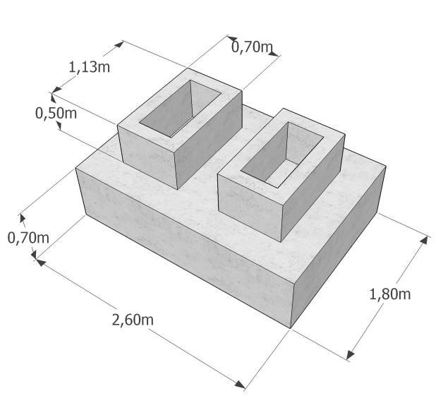 E o maior bloco (Figura 19) que sustenta quatro pilares com 2,60 x 1,80 x 0,7 m e os cálices de 1,13 x 0,7 x 0,5 m cada: 35 Figura 19: Bloco para quatro pilares (Elaborada pelo autor) Os blocos de