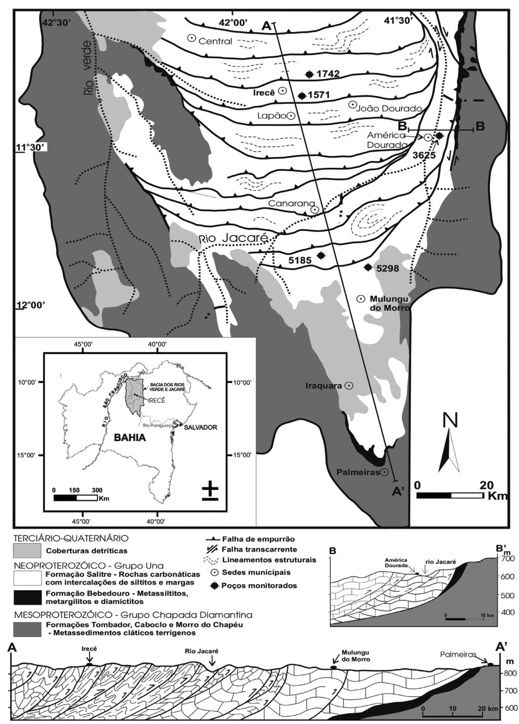 Sandro Oliveira Ramos et al. Figura 1 - Mapa geológico e localização dos poços monitorados no aqüífero cárstico da região de Irecê, Bahia.