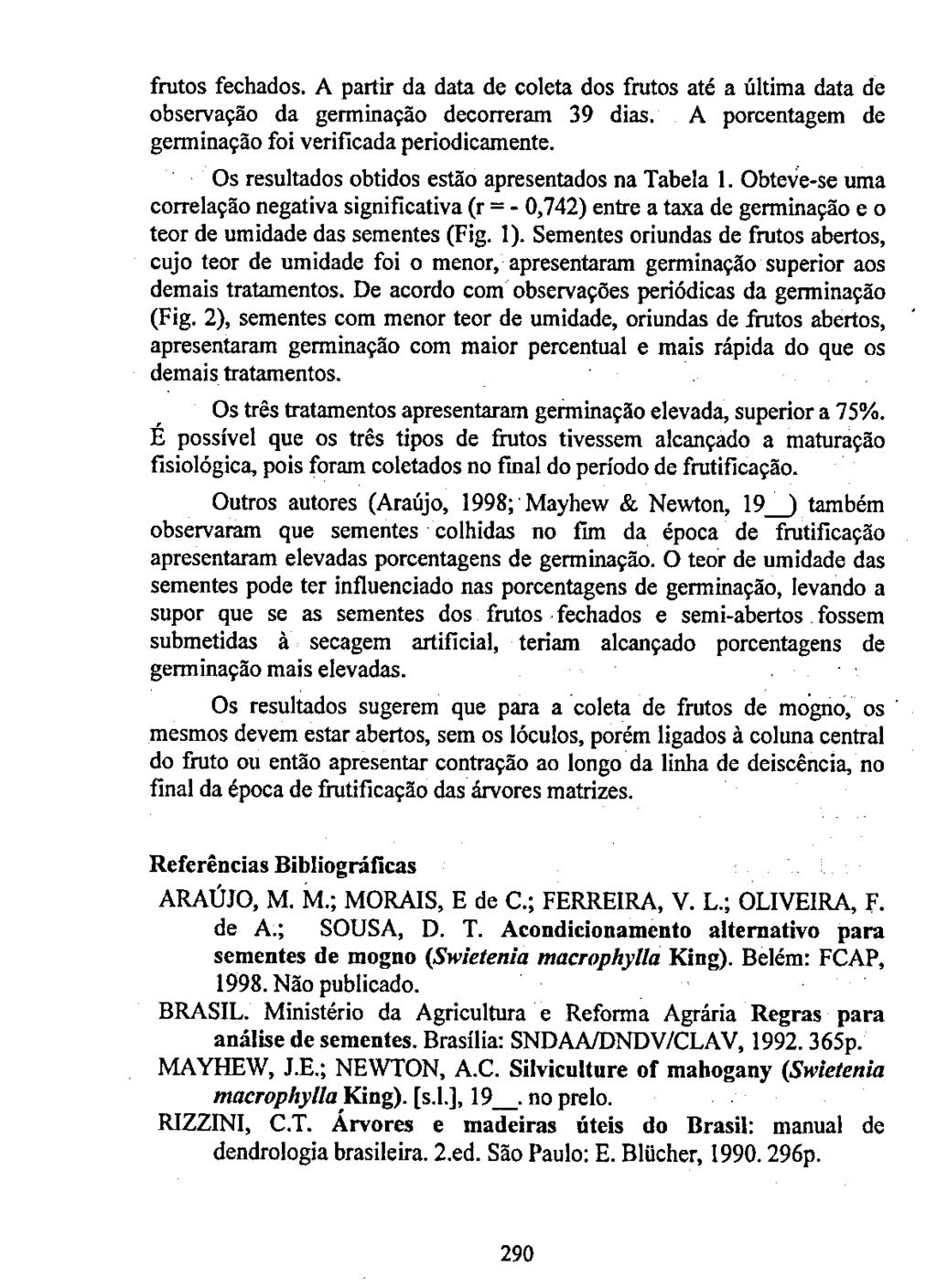 frutos fechados. A partir da data de coleta dos frutos até a última data de observação da germinação decorreram 39 dias. A porcentagem de germinação foi verificada periodicamente.