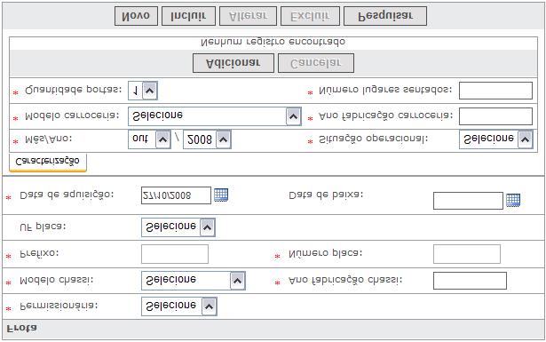 3.4.3 Empresa Permissionária Neste item estão expostos todos os dados que deverão ser preenchidos por usuários com perfil Permissionária Gerente. 3.4.3.1 Cadastro de Frota (Operante/Reserva) É destinado às empresas para o cadastro e controle de sua frota operante e reserva.