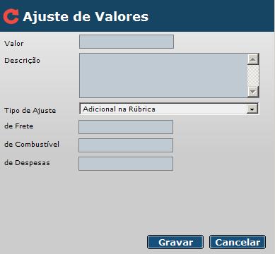 Preencha os campos Valor, Descrição, selecione o Tipo de Ajuste e informe os valores conforme o tipo de ajuste. E clique em Gravar. 6.1.2.