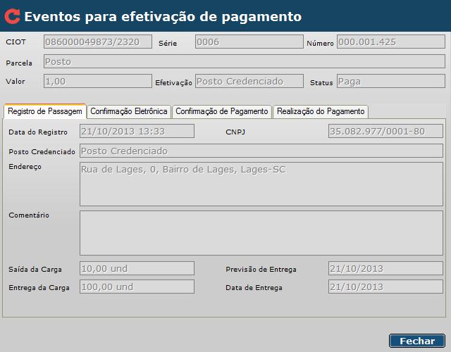 No exemplo acima, são apresentados os eventos do registro de passagem, confirmação eletrônica,