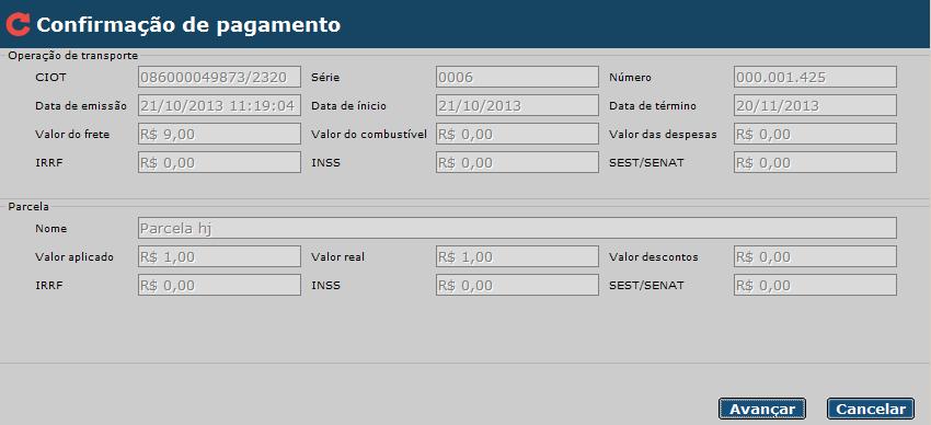 Nela estão contidas as informações da Operação de Transporte e da parcela. Ao Avançar é possível realizar a validação por mercadoria entregue.