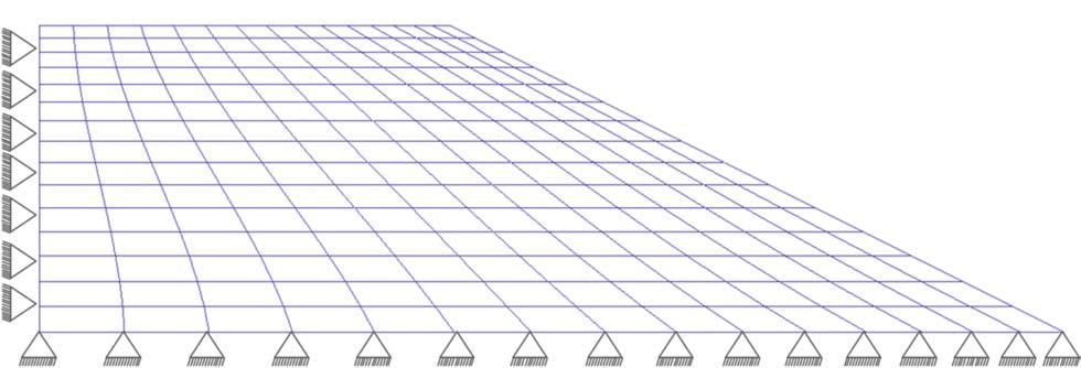 72 Figura 4.7 - Geometria do talude 2D. Para a análise limite é utilizada um malha de elementos finitos de 225 elementos e 256 nós. Figura 4.8 - Malha de elementos finitos.