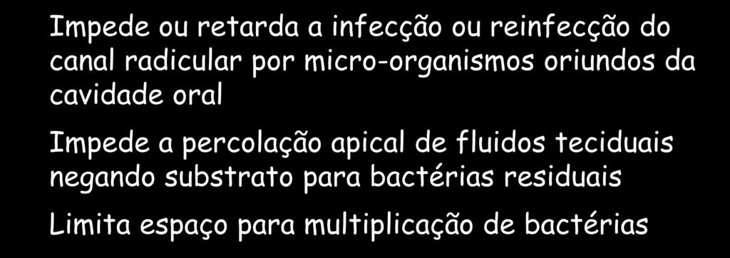 Hidróxido de cálcio Barreira física (ação de preenchimento) Impede ou retarda a infecção ou reinfecção do canal radicular por micro-organismos oriundos