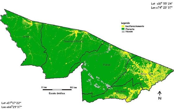 Figura 4: Mosaico dos mapas temáticos gerados para o ano de 2004, a partir de imagens Landsat/TM. A Figura 4 exibe a intensificação do desflorestamento nas regiões de desenvolvimento do estado.