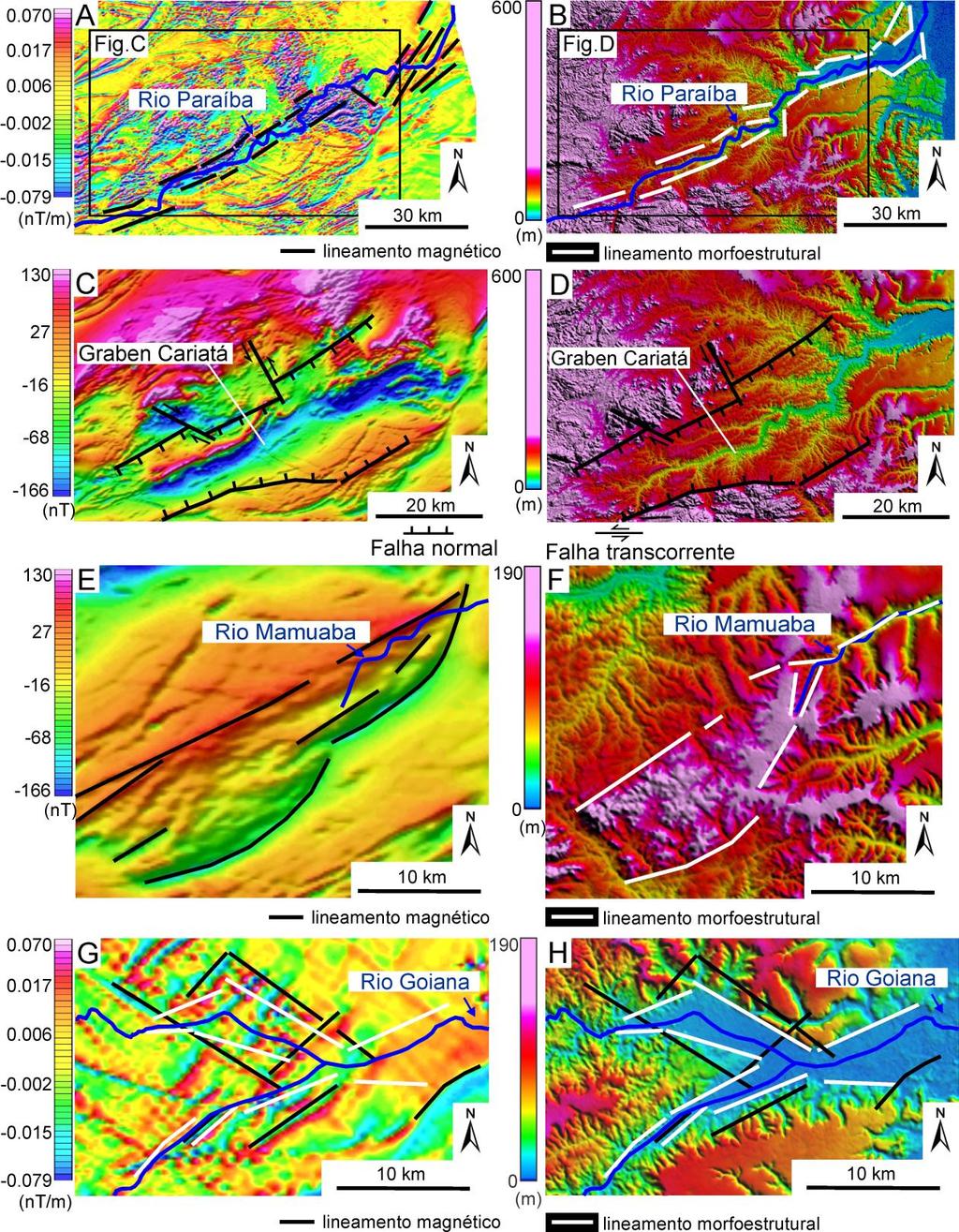 Figura 6. Correspondência entre lineamentos morfoestruturais e magnéticos. A, C, E, G) Dado magnético; B, D, F, H) MDE SRTM.