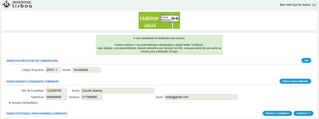 Ao clicar no botão Registar irá ser devolvida uma mensagem ao candidato, no topo do formulário, a cor sombreada a verde, no caso de não existir problemas e/ou incoerência de dados.