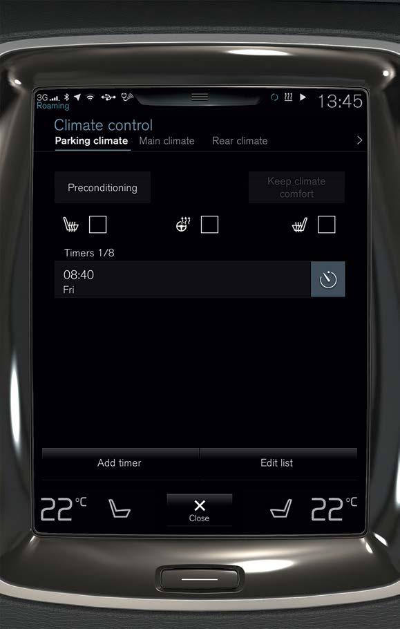 01 PRÉ-CONDICIONAMENTO A climatização temporizada pode ser ajustada através do mostrador central ou com a aplicação móvel Volvo On Call*.