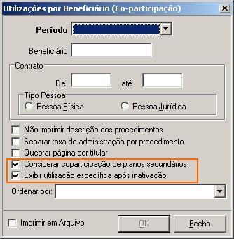 Demonstrativo Utilização / Por Beneficiário (Co-participação) / Relatório A interface de exportação das coparticipações para o Ômega passa a disponibilizar duas novas opções de filtragem: a primeira