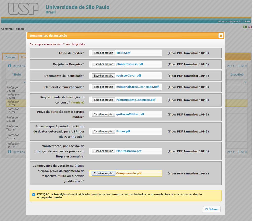 1 - Clicar no botão Escolher arquivo para anexar os documentos solicitados.