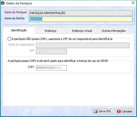 Nesta guia [Identificação], informe o CNPJ da paróquia ou o CPF e nome da pessoa que está cadastrada em nossa empresa como contato responsável pelo.