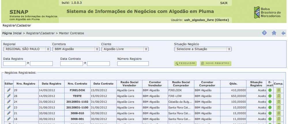 PESQUISA, EDIÇÃO E ACESSO PESQUISA, EDIÇÃO E ACESSO AO FORMULÁRIO DE NOVO CADASTRO Página inicial de cadastro e registro Nesta página o produtor poderá: Cadastrar os negócios realizados Editar os