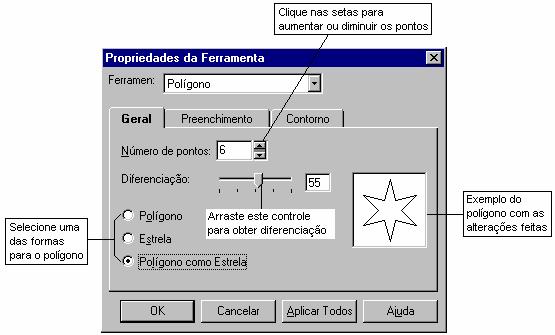 No quadro de diálogo Propriedades da Ferramenta, escolha o número de pontos, tipo e diferenciação para o novo