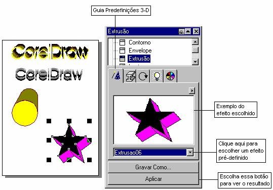 GERONET SERVICES Cursos Apostilas Manuais Tutoriais Para obter um efeito 3-D personalizado, realize os seguintes procedimentos: Crie a figura desejada e selecione a opção Extrusão do menu Efeitos;