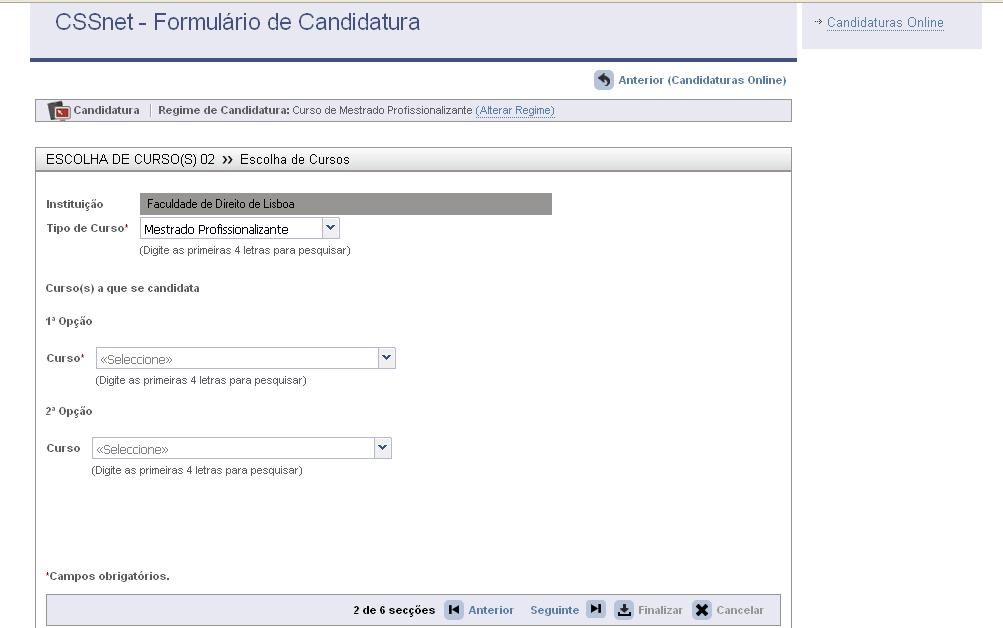Imagem 9 Índice do processo de candidatura Posteriormente deverá selecionar o curso de acordo com as