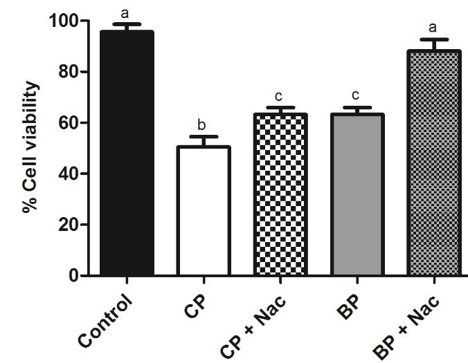 Artigos Científicos Figure 2 Viability and cytotoxicity (%) of HEp-2 cells after incubation with CP and BP extracts. Cells were treated with various concentrations of each propolis sample (6.