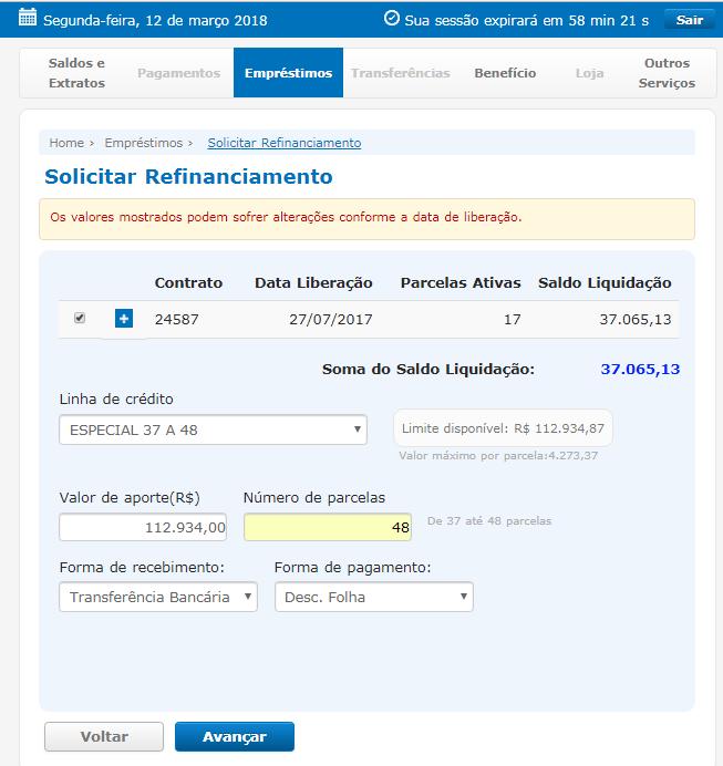 21 EXEMPLO DE SOLICITAÇÃO DE REFINANCIAMENTO Observação: O Refinanciamento é permitido apenas para as Linhas de Crédito Básico, Normal, Especial até 36, Especial 37 a 48 e empréstimos ao Aposentado.