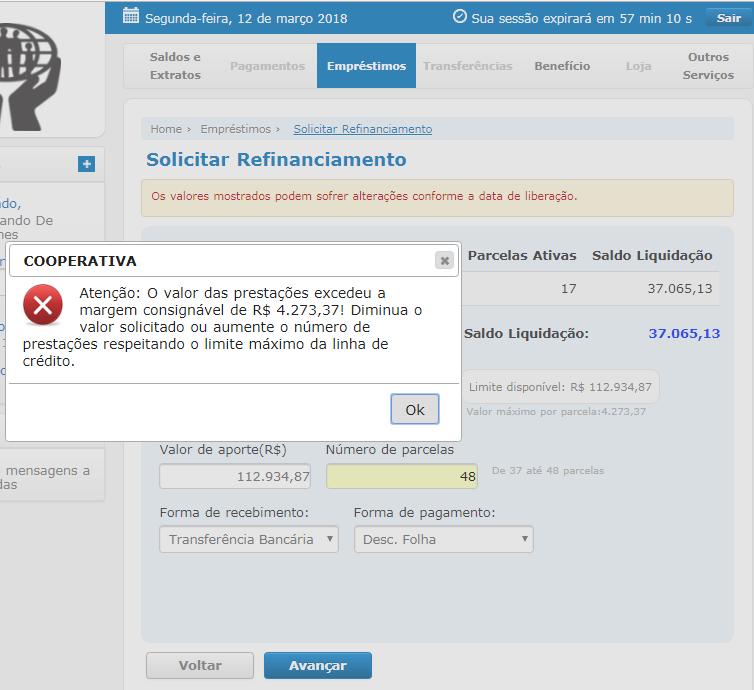 22 Observe na imagem anterior que o associado anotou no Valor de Aporte, exatamente o valor indicado no Limite disponível, porém não será possível obter esse valor, como demonstra a imagem abaixo.