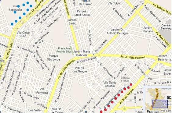 FIGURA 1 Pontos de observação (Rua Prudente de Morais pontos A1 à A10(a); Parque Fernando Costa pontos B1 à B10(b)) na cidade de Franca. Fonte: GoogleMaps (acessado em 29/09/2010).
